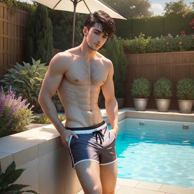 Handsome man in boxer shorts by the pool