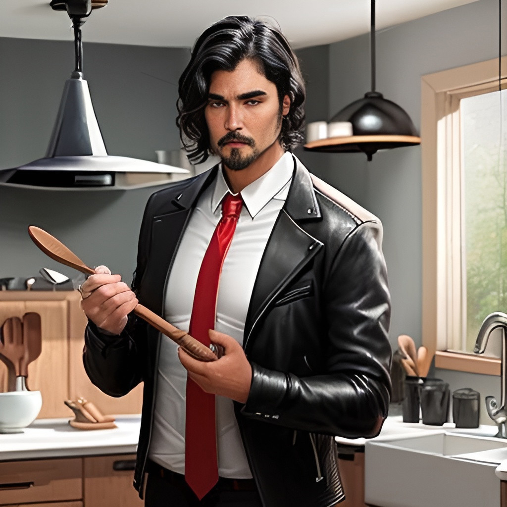 drawing of handsome man wearing a white shirt with red tie and leather jacket, holding a wooden spoon